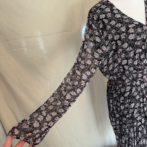 ESQUALO Black Mini Dress flowy wrap high-low long sleeve 16 pink white floral
